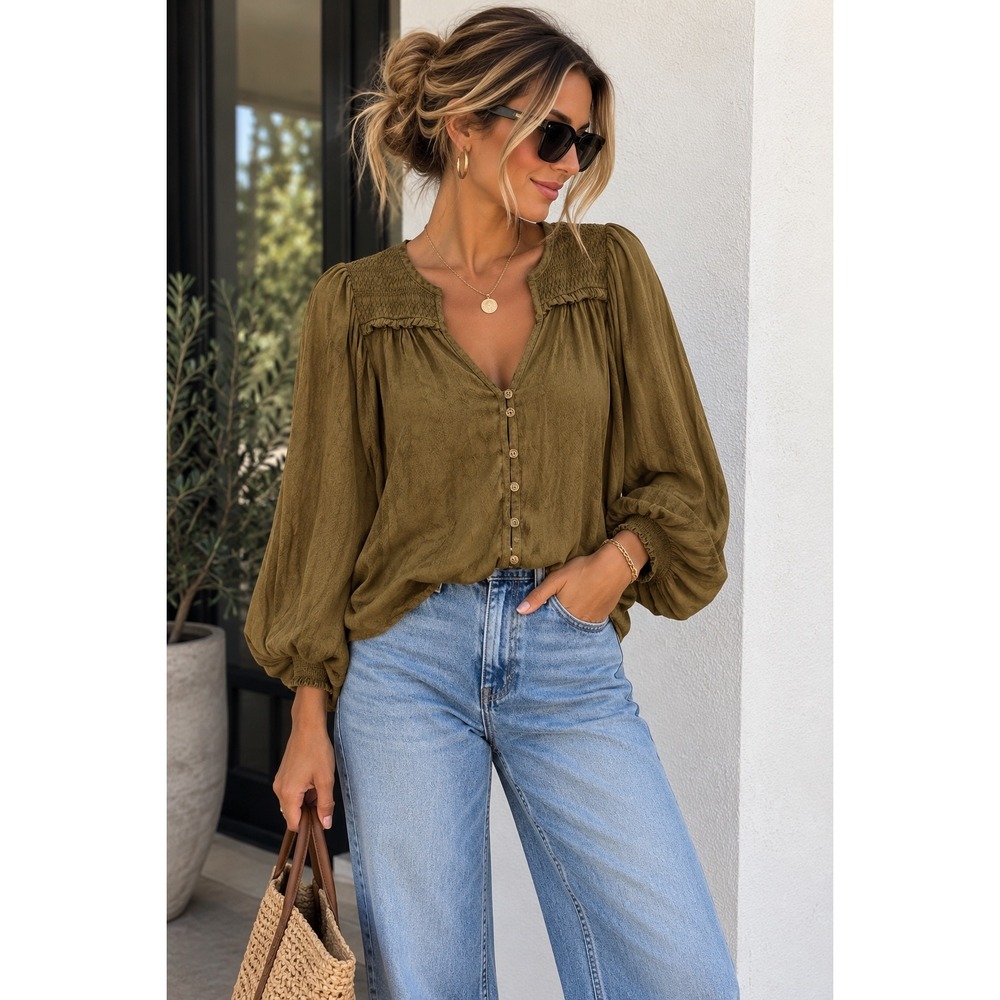 Anthropologie Olive Green Smocked Jacquard Button Front Blouse XS Boho Top
